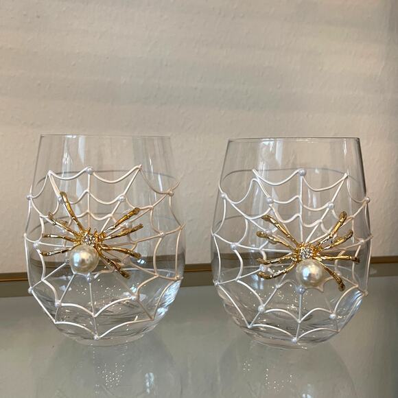 Gorgeous Halloween Jeweled Spider on Web w/ Pearl Stemless Wine Glass Set of 2 - Picture 1 of 15